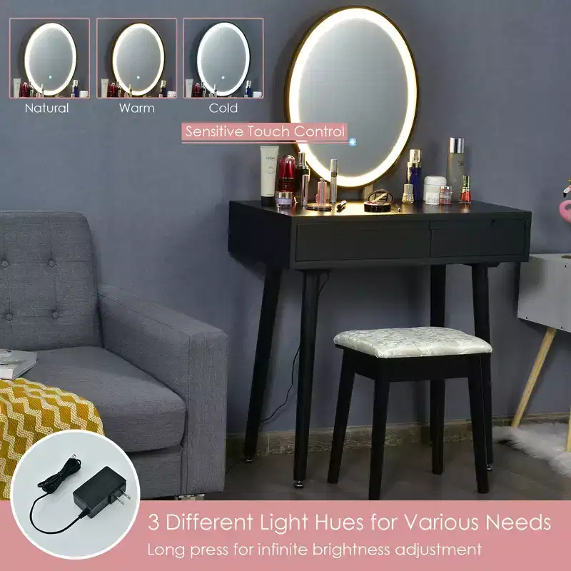 Costway Vanity Makeup Table Touch Screen 3 Lighting Modes Dressing Table Stool Set White\Black\ Gray