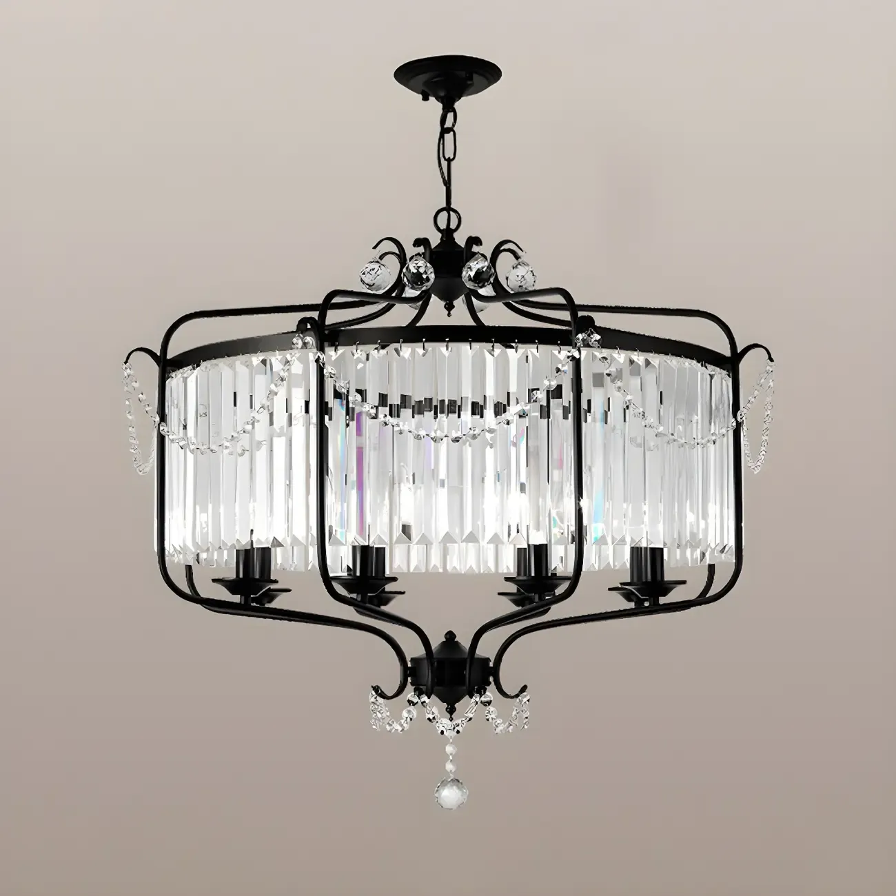 Modern Black Round Cylinder Metal Cage Crystal Chandelier