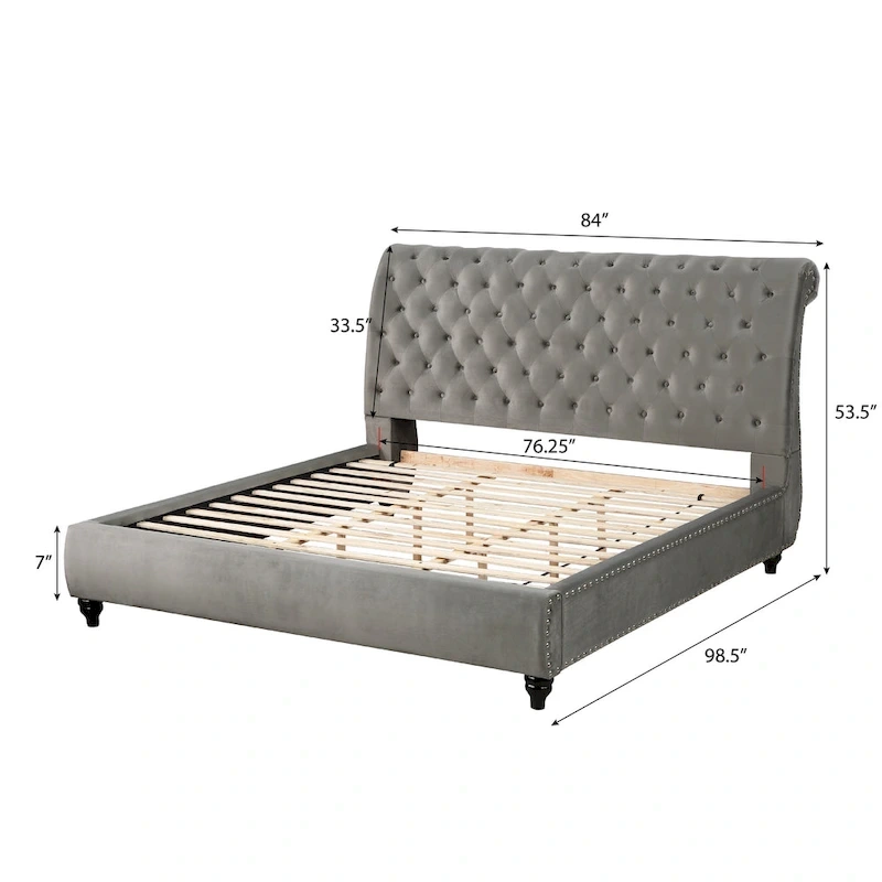 Roundhill Furniture Cerderia Velvet Upholstered Button Tufted Nailhead Trim Sleigh Bed, Gray