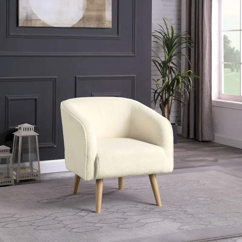 Sherpa Accent Chair with Solid Wood Legs, Cream Upholstered Armchair for Living Room
