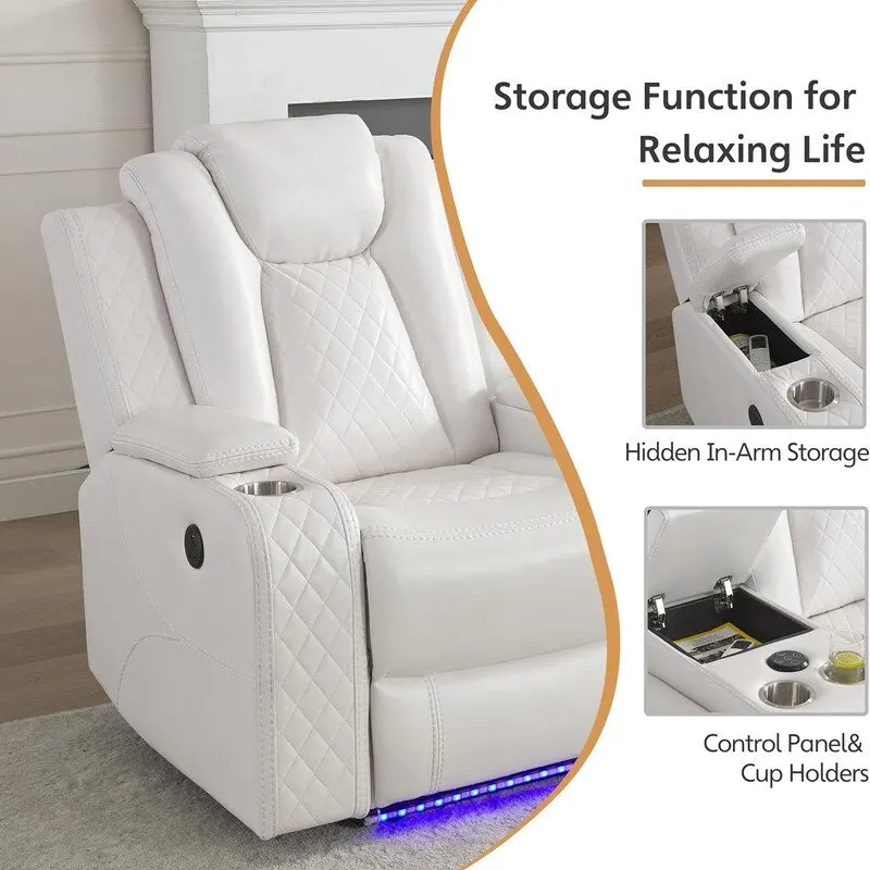 Power Reclining Sofa with Wireless Charger & LED Light – Faux Leather, Black