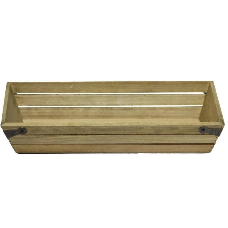 Natural wood small shallow rectangle crate with metal corner design