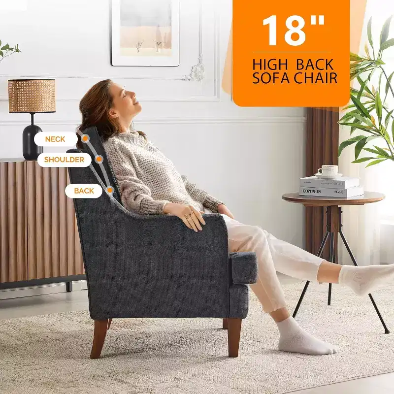 VINGLI Mid-Century Modern Accent Chair, Black Upholstered Armchair Comfy Sofa Chair Reading Chair