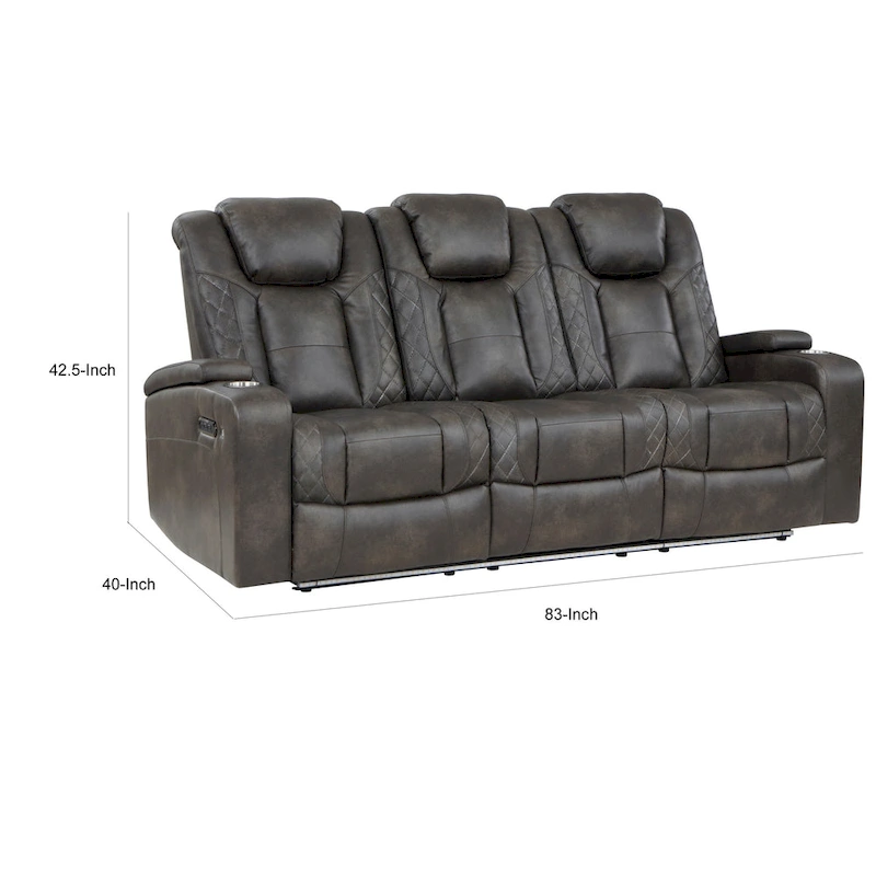 Mia 83 Inch Power Double Recliner Sofa, Gray Faux Leather, USB, Drop Table