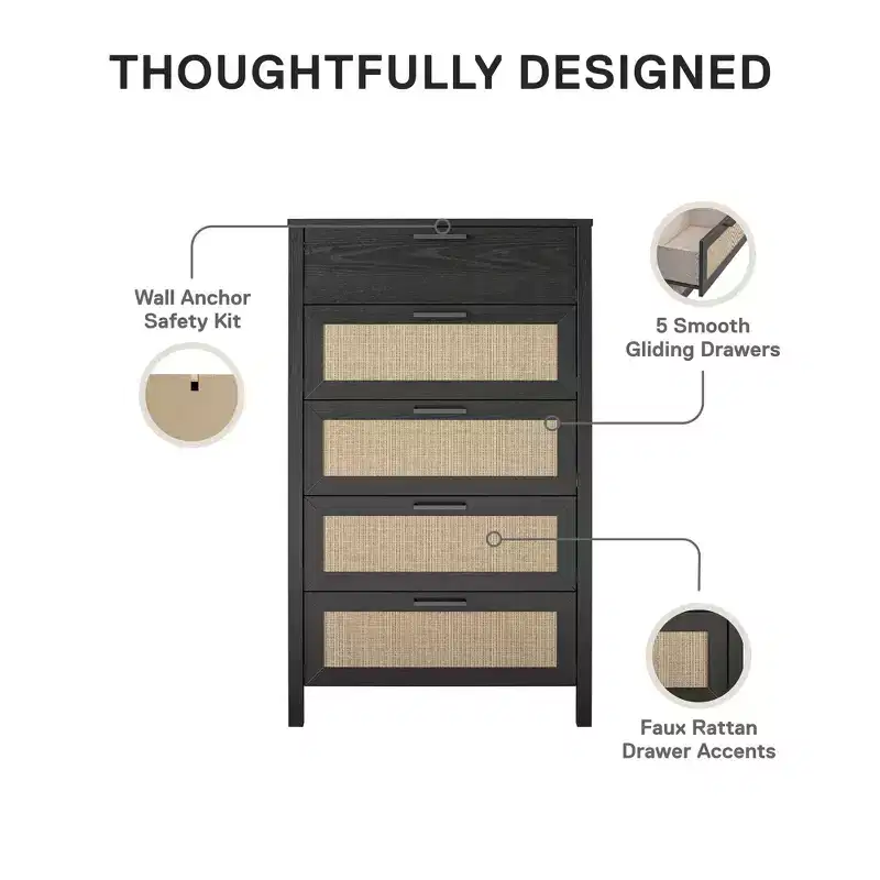 Brown Woodgrain Boho 5-Drawer Dresser with Rattan Inserts (2-Person Assembly)