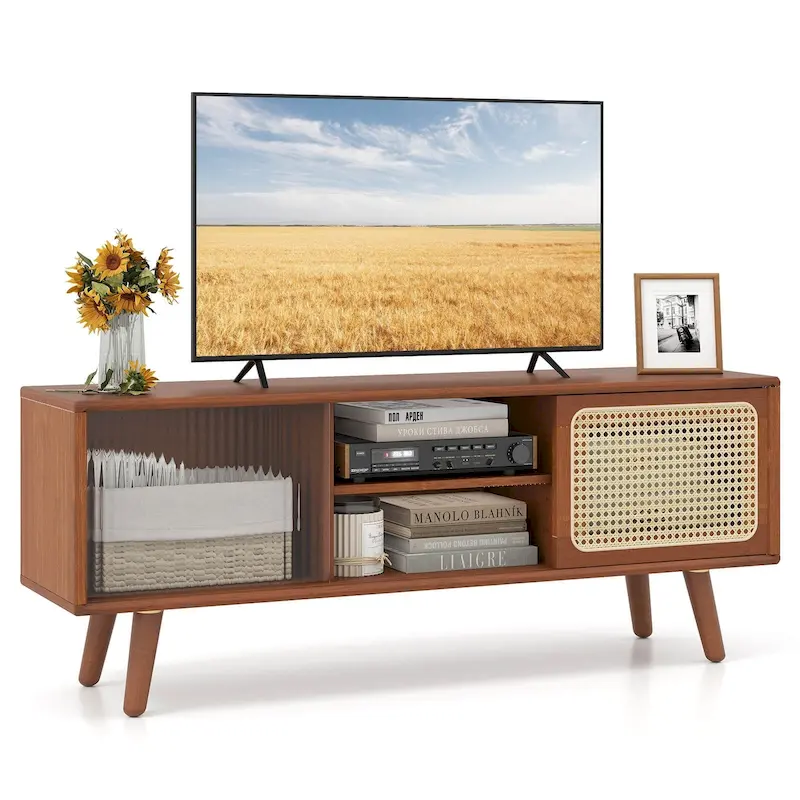 Costway Modern TV Stand Entertainment Center Media Console with Rattan