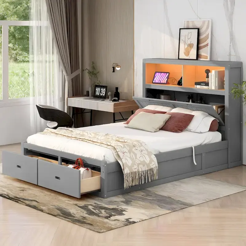 Wood Queen Size Hydraulic Platform Bed with LED and Charging Station
