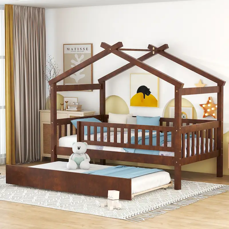 Twin Pine House Bed with Twin Trundle