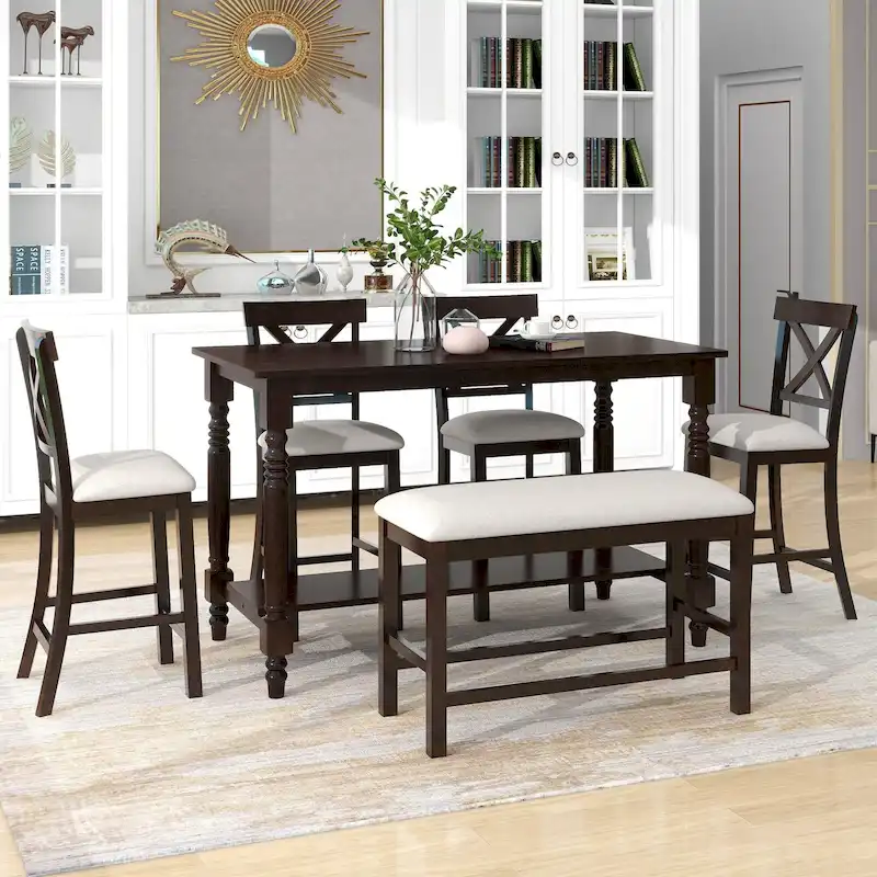 Nestfair 6-Piece Counter Height Dining Table Set with Chairs and Bench