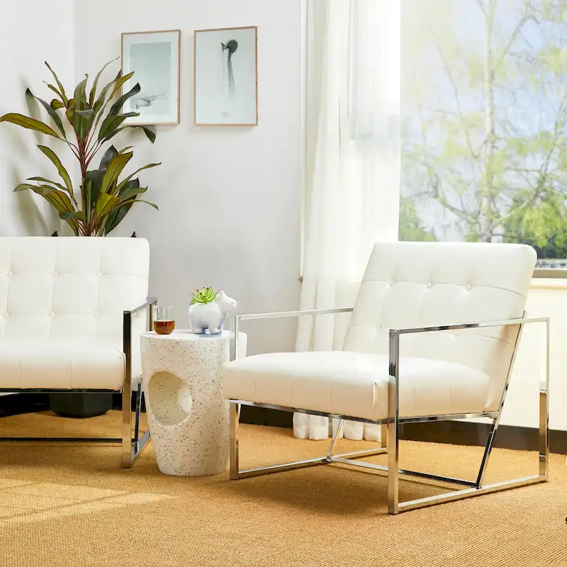 Glitzhome Set of 2 29.25W Mid-Century PU Leather Tufted Accent Chairs