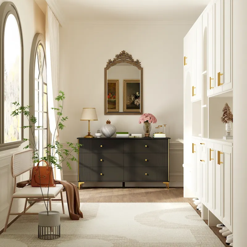 White Lacquer Dresser 6 Drawer Dresser with Metal Handle and Legs