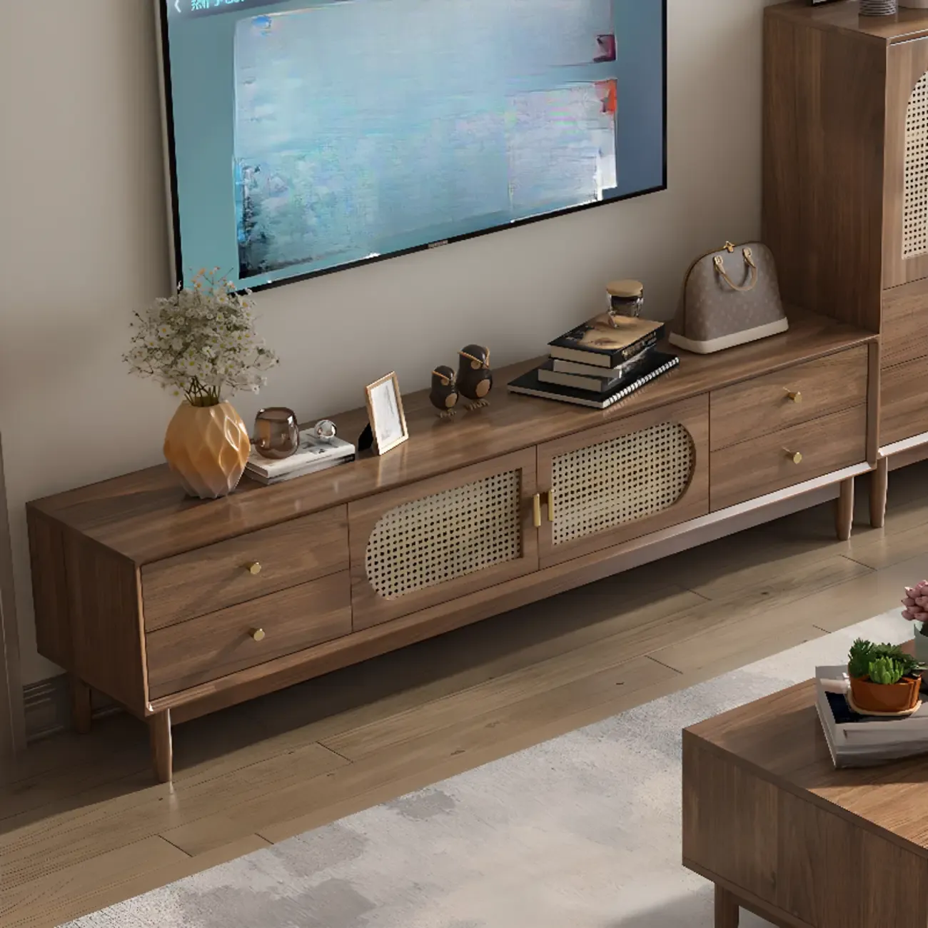 63 Brown Solid Wood TV Stand with 4-Drawers for Living Room