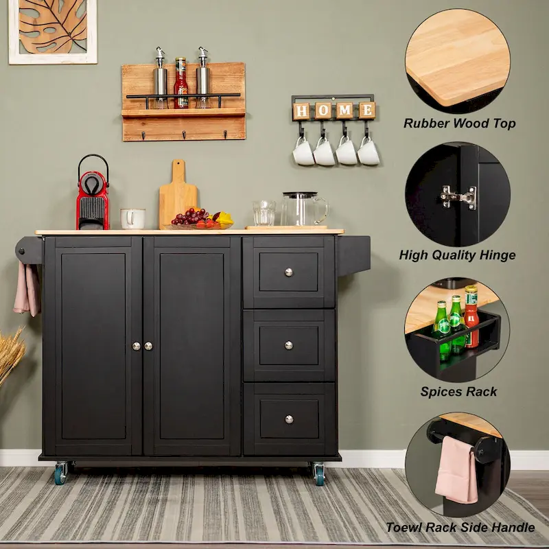 Kitchen Island Cart with Drop-Leaf and Rubber Wood Top, Rolling Kitchen Trolley Cart Cabinet