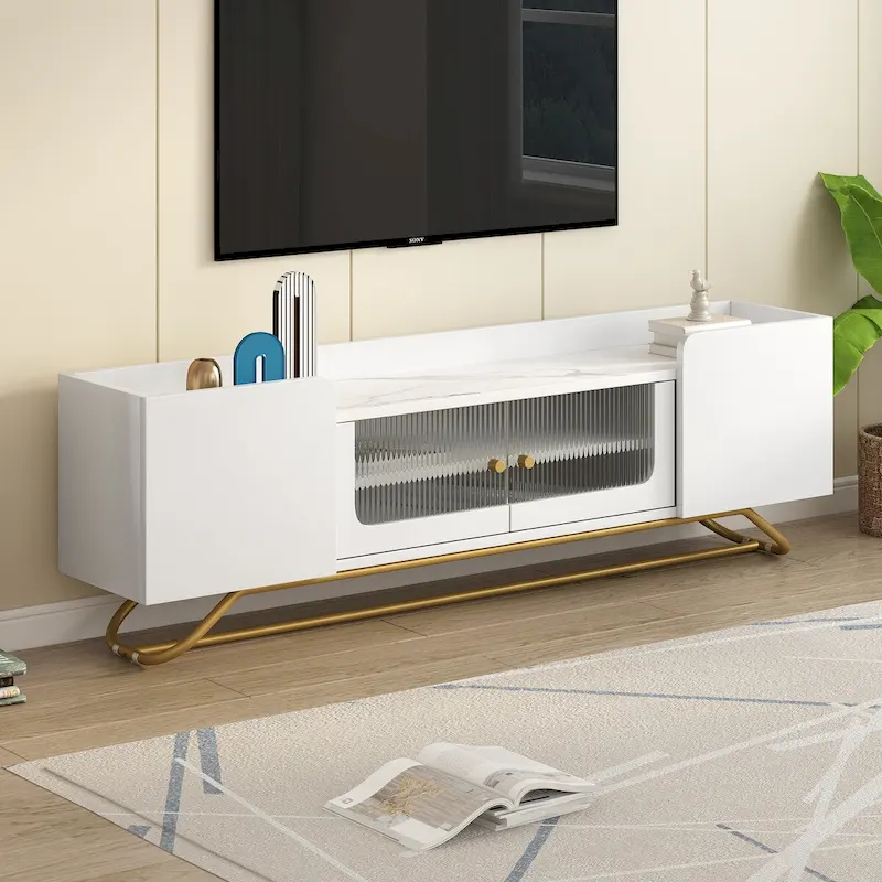 TV Stand with Fluted Glass,Entertainment Center for TVs Up to 70,Faux Marble Top TV Console Table with Gold Frame Base