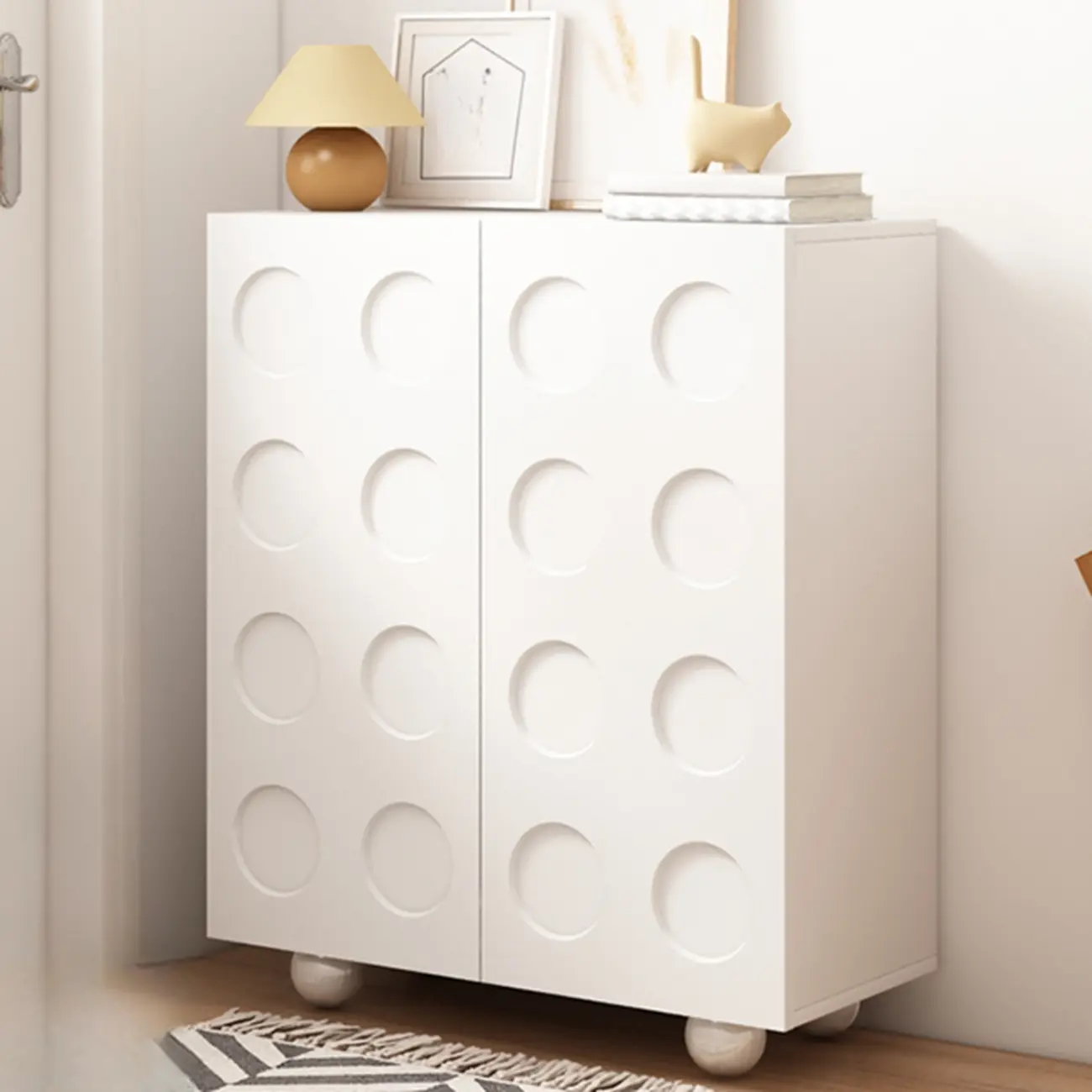 White Wooden 3D Circle Pattern Shoe Cabinet for Entryway