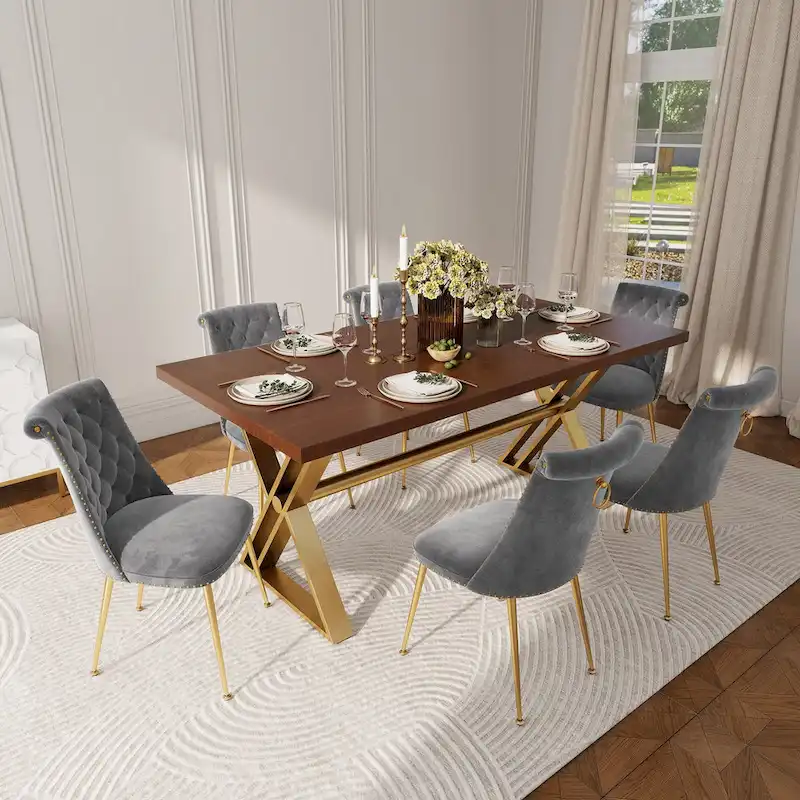 7-Piece Clihome Walut Wood Dining Table with Velvet Chair Dining Chair