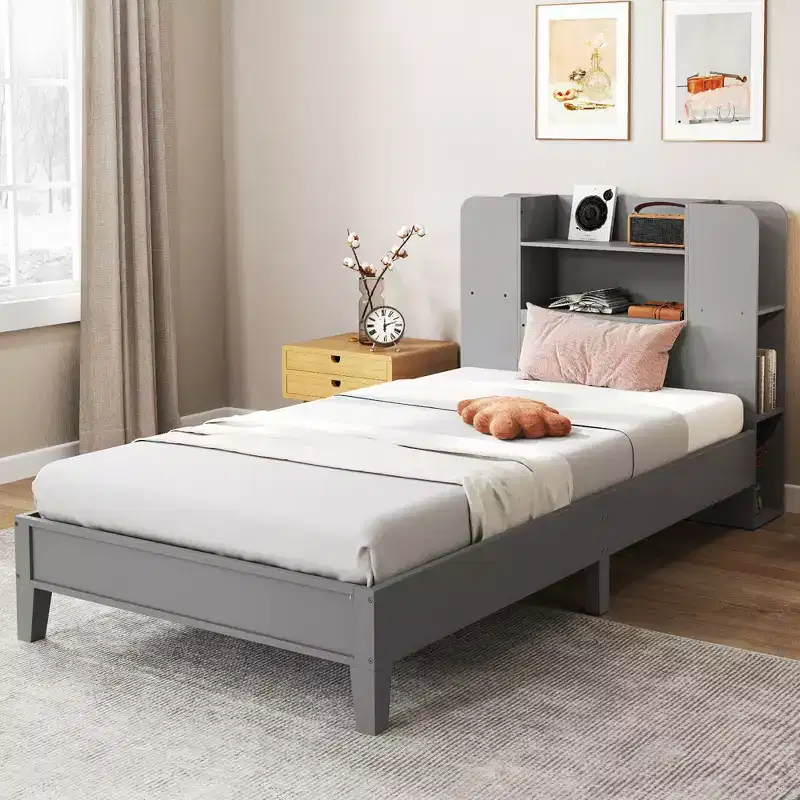 Costway Twin Size Bed Frame Wooden Platform Bed Kids Bed Frame w/ Bookcase Headboard