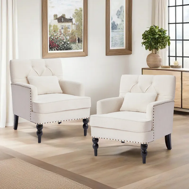 Set of 2 Arm Chair Upholstered Button Tufted Accent Chair with Lumbar Pillow Beige/ Grey/ Light Blue