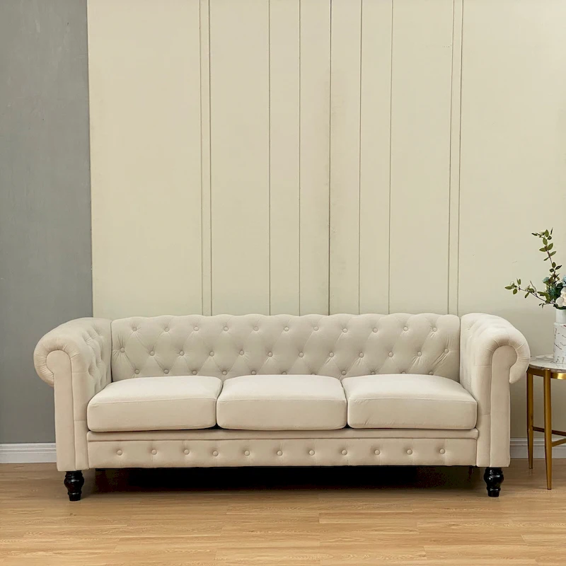 Elegant Beige Chesterfield Sofa - 3-Seater Velvet with Tufted Buttons & Wooden Legs