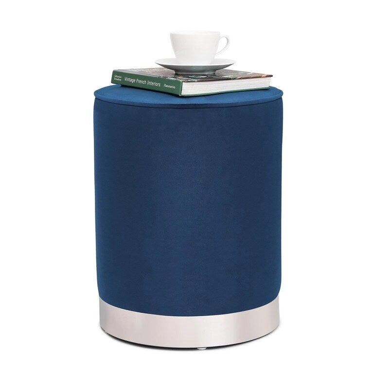 Adeco Vanity Upholstered Round Velvet Ottoman Footstool Silver Trim