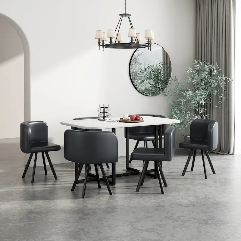 Modern 7-Piece Dining Set with Rectangular Marble Table & 6 Upholstered Chairs