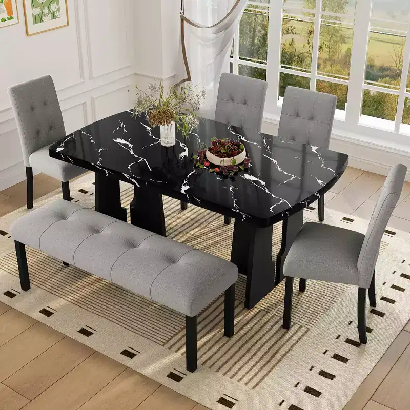 Modern Tufted Linen Dining Bench with Rubber Wood Legs