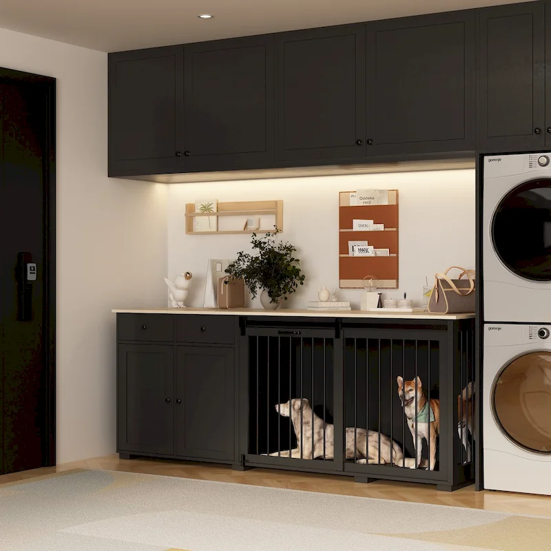 Storage Sideboard with Pet House Modern Home Essential in Black/White