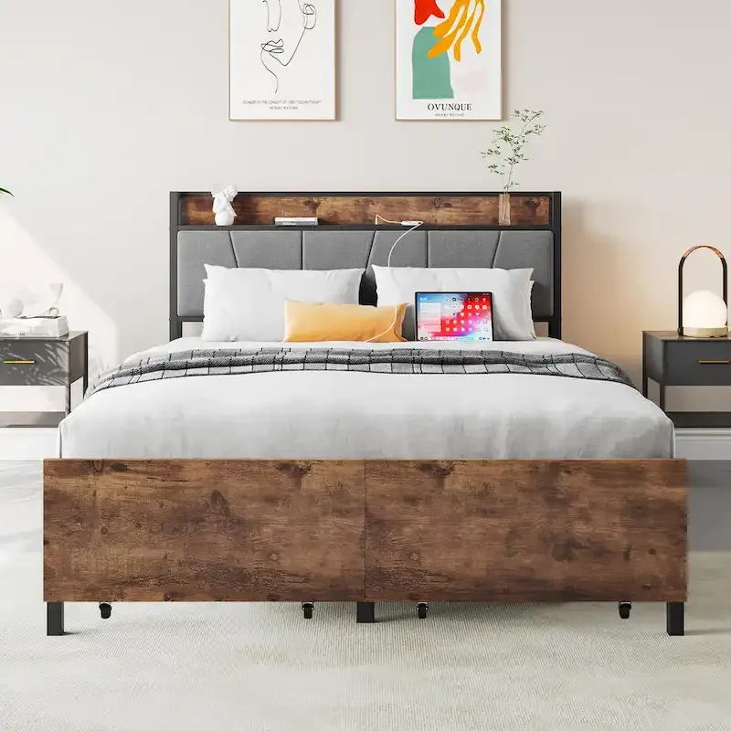 Queen/Full Size Bed Frame, Storage Headboard with Charging Station and 2 Drawers