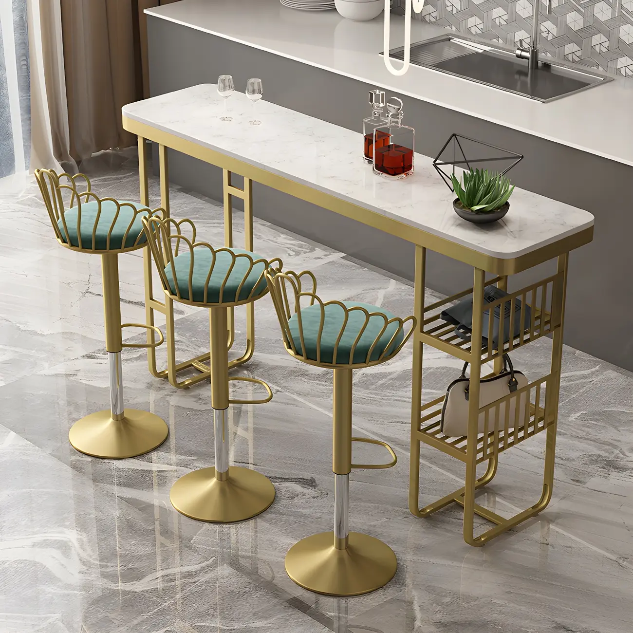 Glam Gold White Faux Marble Shelf Bar Tables