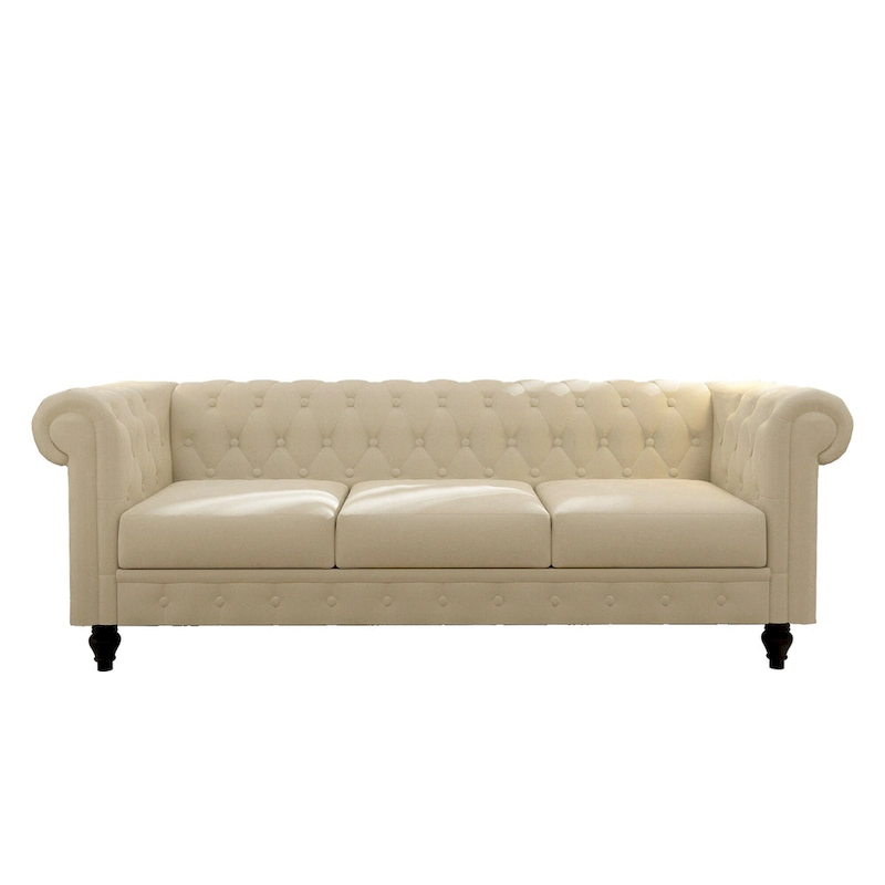 Elegant Beige Chesterfield Sofa - 3-Seater Velvet with Tufted Buttons & Wooden Legs
