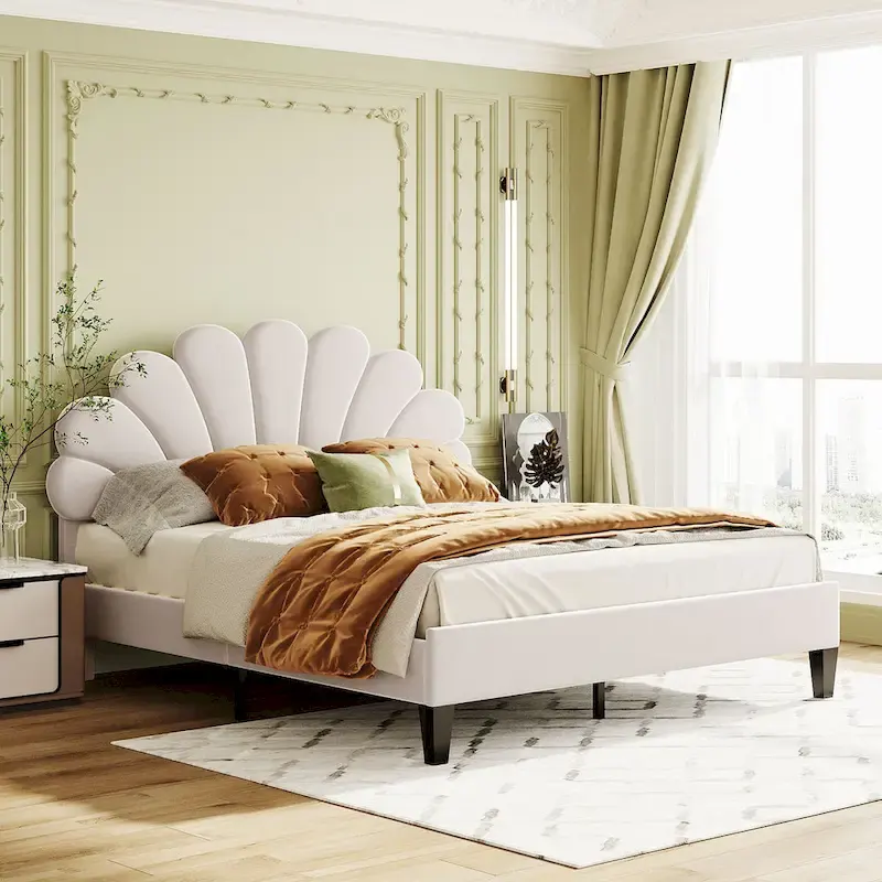 Modern Queen Size Platform Bed, Velvet Upholstered Bed Frame with Flower Pattern Headboard and Solid Wood Slats Support