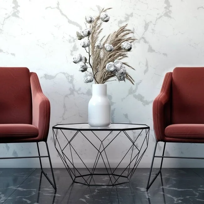 Modern Octagon Coffee Table - 21.5 Tempered Glass Top, Gold Geometric Metal Base, Multi-Use