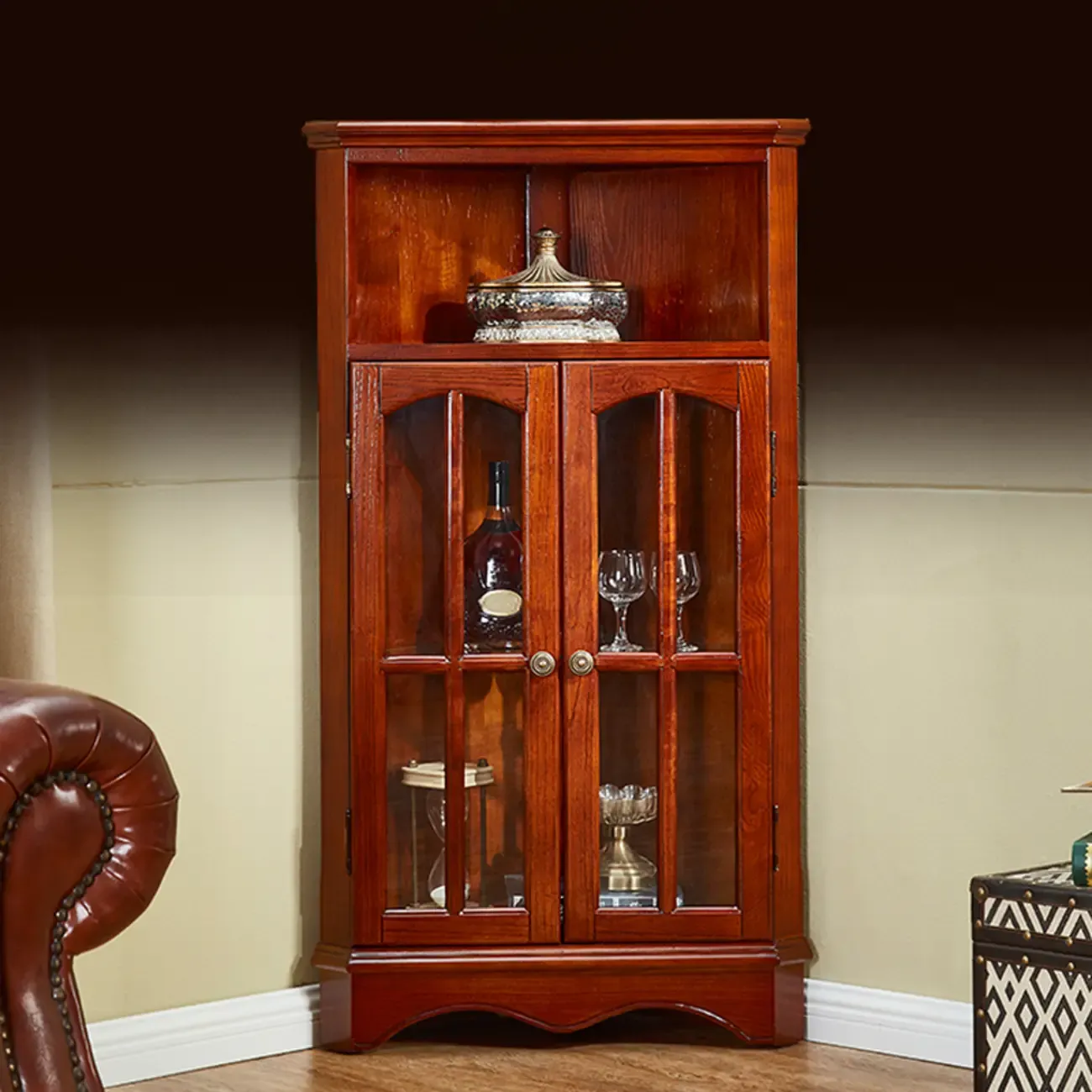 Classic Storage Corner Cabinet with Glass Doors & Shelf