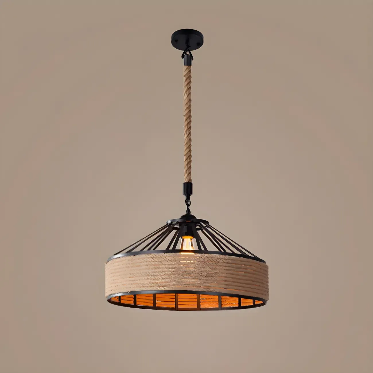 Industrial Rattan Black Metal Hemp Rope Pendant Light