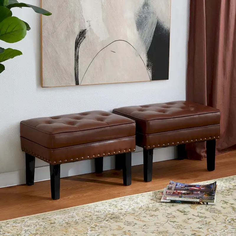Glitzhome Set of 2 22W Leatherette Button-tufted Foot Stools Ottomans