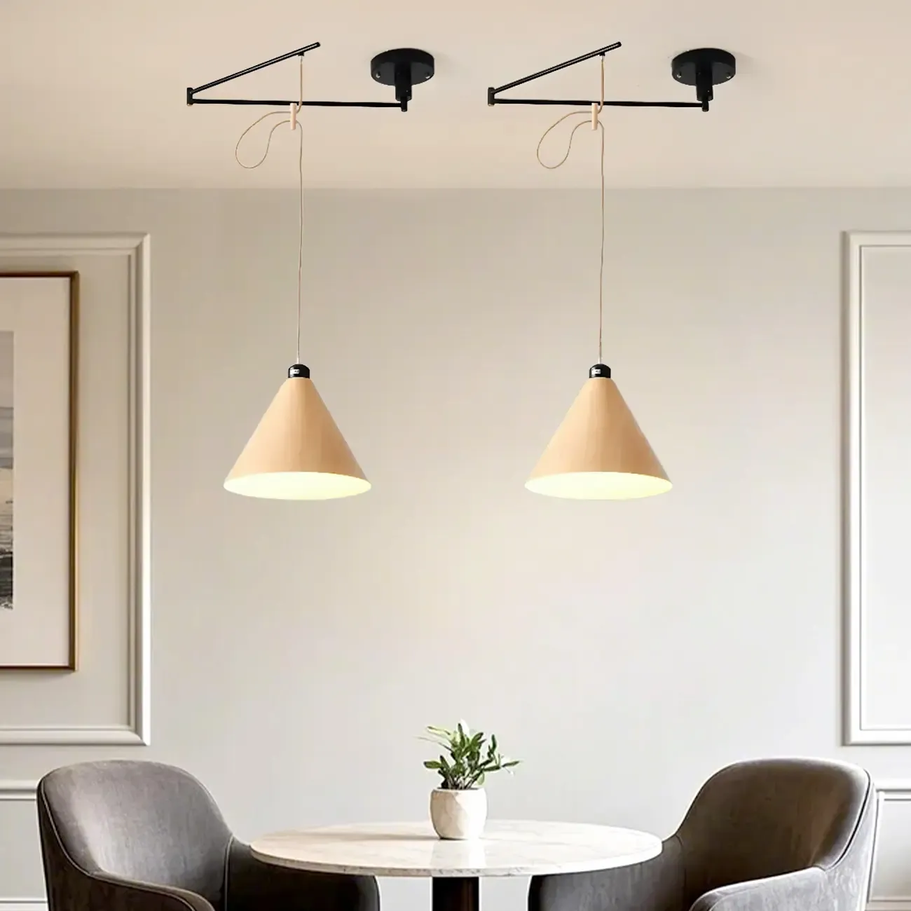 Modern Flexible Round Pendant Light in Solid Wood and Metal