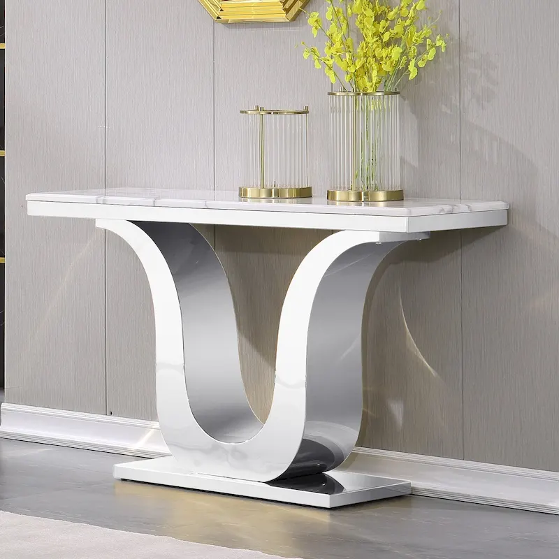 50 inch Luxury Console Table Rectangle Living Room White Sofa Entryway Table with Stainless Steel U Base