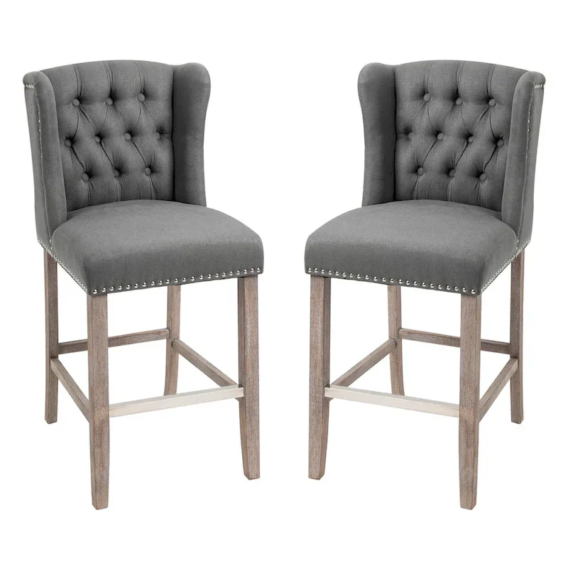 HOMCOM 2 Piece Counter Height Barstools Kitchen Breakfast Stools with Nailhead-Trim and Tufted Back, Solid Wood Legs