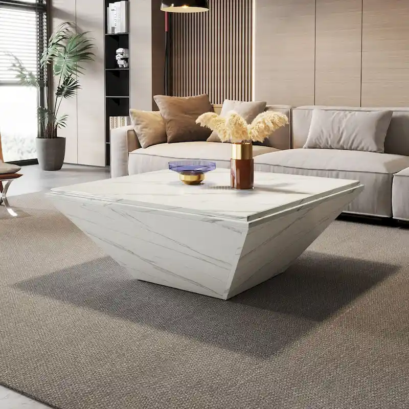 35.43-Inch Square Coffee Table for Living Room, White Modern Center Table with Faux Marble Top