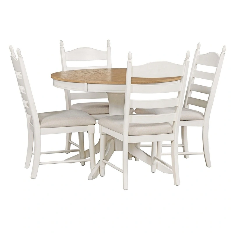 Wooden Round Drop Leaf Extendable Dining Table Set with 4 Upholstered Chairs