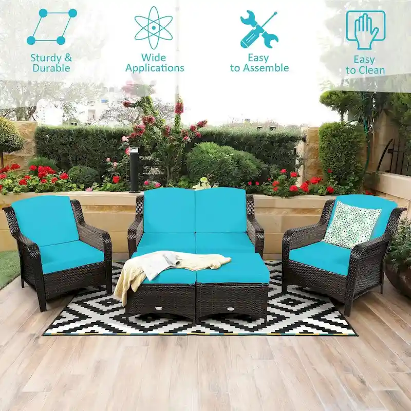 5 Pieces Patio Rattan Sofa Set with Cushion and Ottoman - 51 x 33.5 x 33 (L x W x H)