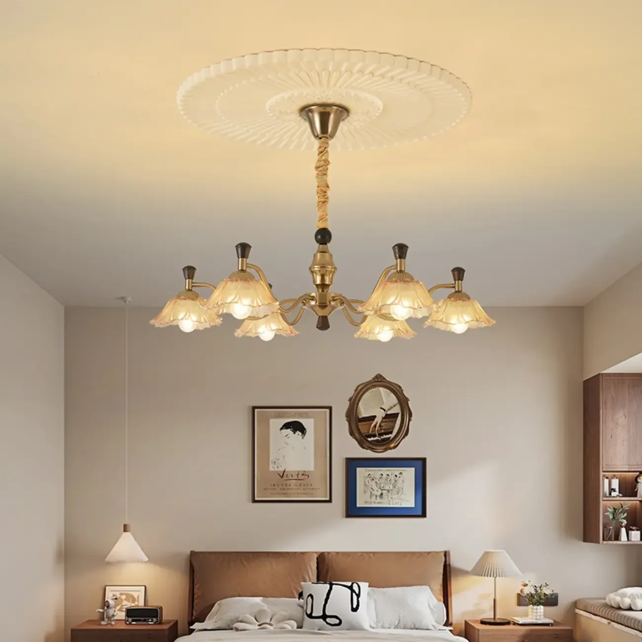 Modern Adjustable Gold Flower Glass Chandelier 6/8 Lights