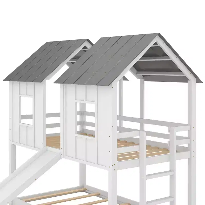 Whisen Twin over Twin House Bunk Bed with Slide and Windows - White
