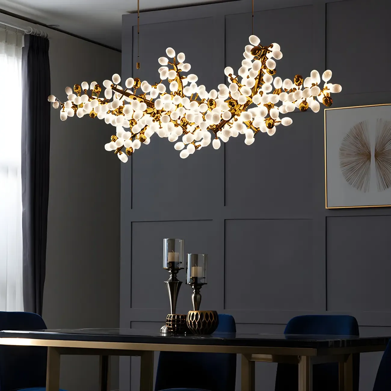 1 Tier Gold Branch White Glass Oval Cluster Pendant Light