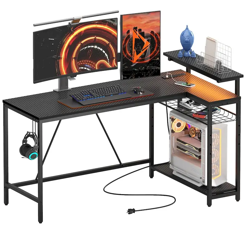 Reversible L Shaped Desk LED Computer Desk with Power Outlets and Monitor Stand Office Desk