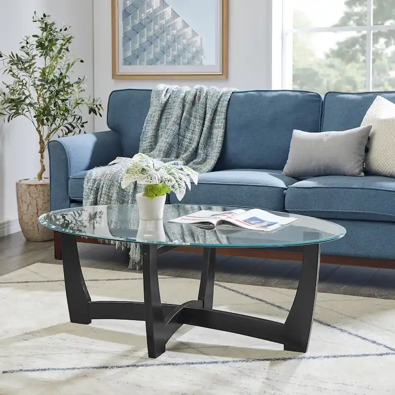 48 Inch Oval Glass Coffee Table, Black Round Coffee Table Center Table with Glass Top