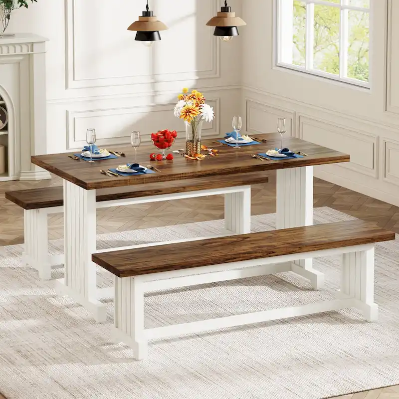 47 Inches Farmhouse Wood 3-piece Small Dining Table with 2 Benches - N/A