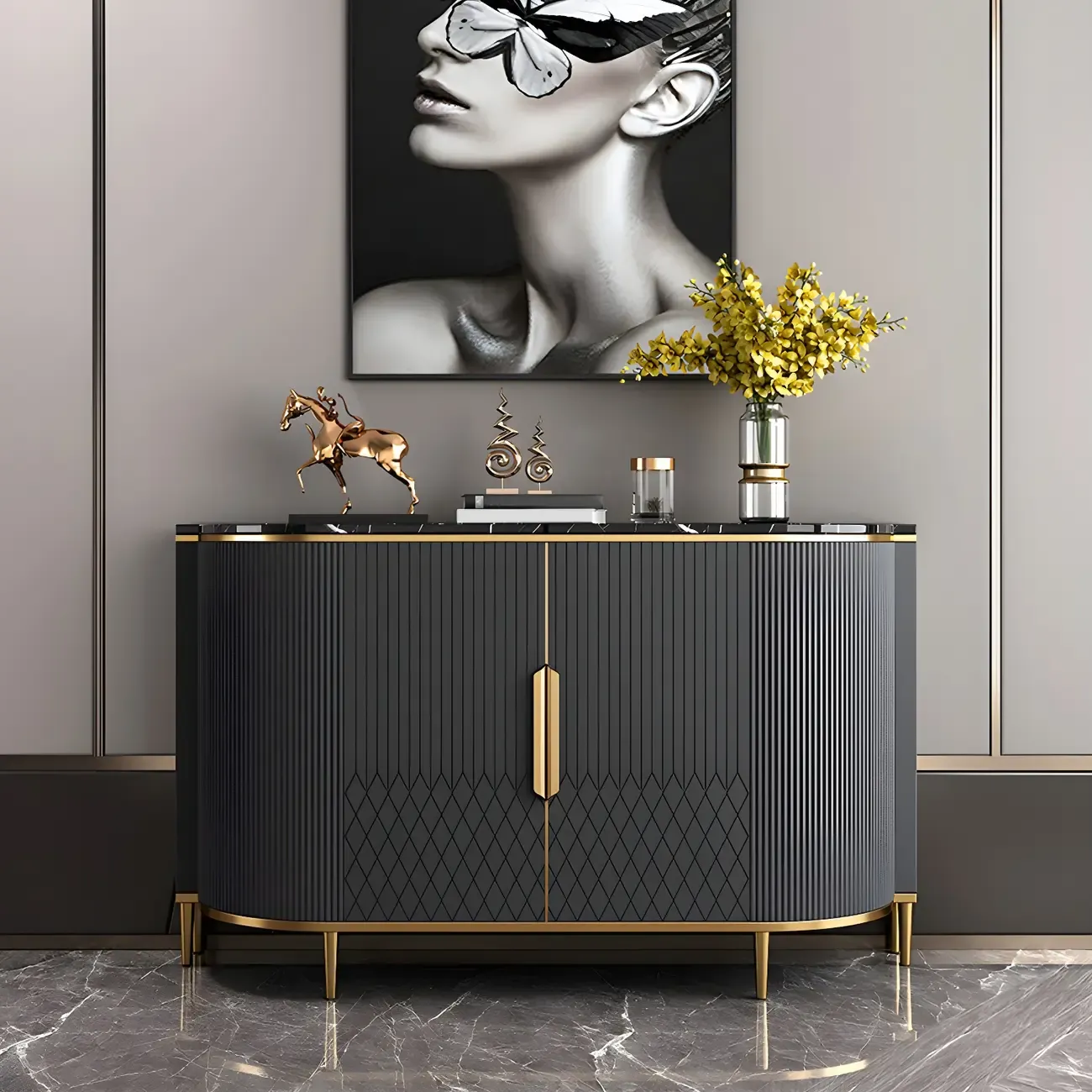 Glam Marble Sideboard in Grey with Storage