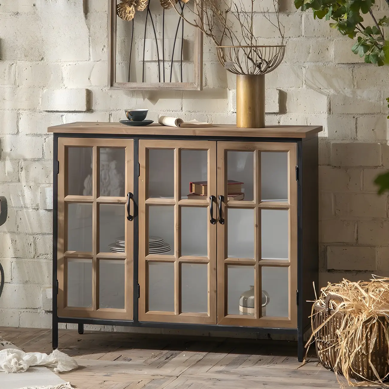 Rustic Wooden Glass Door Display Cabinet in Natural Finish