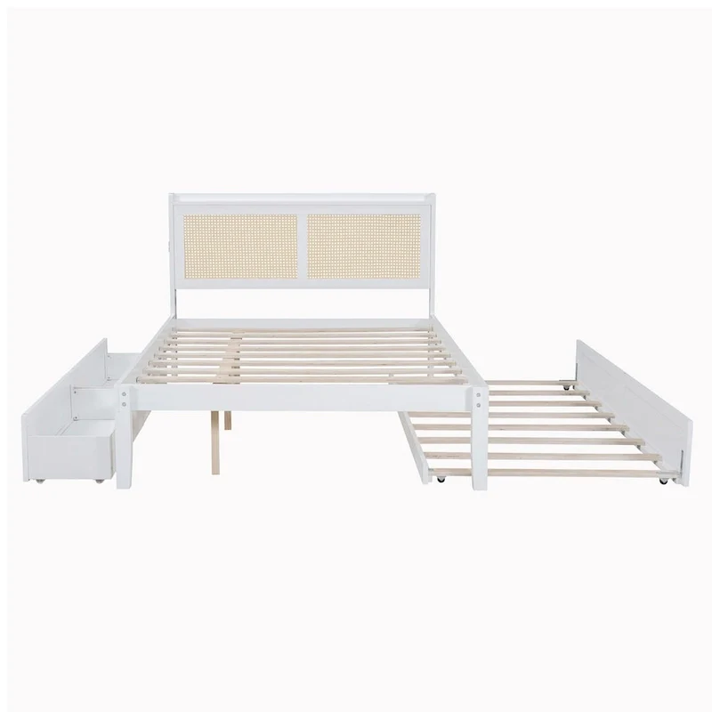 Elegant Bed Frame with Rattan Headboard and Sockets